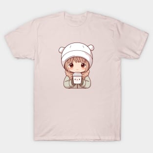 Kawaii little girl drinking hot chocolate T-Shirt